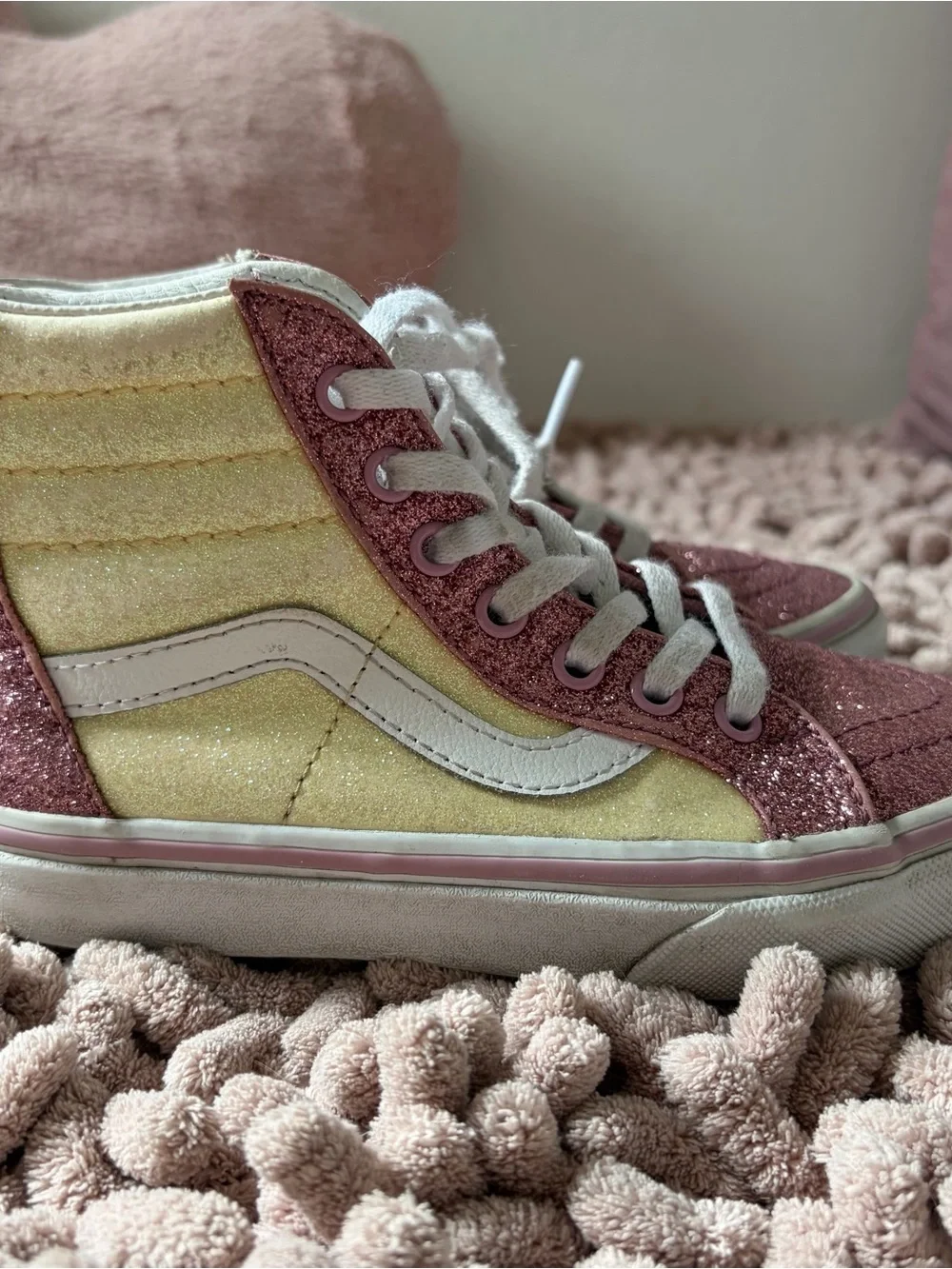 Vans Kids High-Top Glitter Sneakers in Pink and Pale Yellow